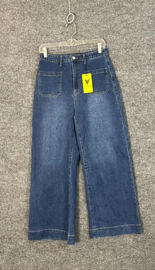 Vibes Jeans Womens Large Blue Medium Wash Wide Leg Cropped High Rise Denim